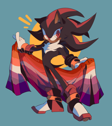 Size: 2048x2302 | Tagged: safe, artist:paiirupie, shadow the hedgehog, blue background, flag, frown, holding something, lesbian pride, looking offscreen, pride, pride flag, simple background, solo, standing