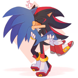 Size: 1177x1174 | Tagged: safe, artist:scuttletown, shadow the hedgehog, sonic the hedgehog, blushing, carrying them, eyes closed, gay, heart, holding each other, kiss, shadow (lighting), shadow x sonic, shipping, simple background, solo, standing, white background