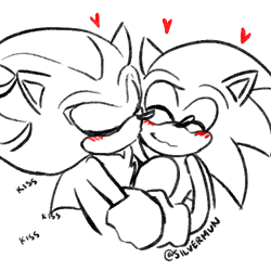 Size: 500x500 | Tagged: safe, artist:silvermun, shadow the hedgehog, sonic the hedgehog, :3, cute, duo, eyes closed, gay, heart, holding each other, holding them, kiss on cheek, line art, sfx, shadow x sonic, shipping, signature, simple background, smile, sonabetes, white background