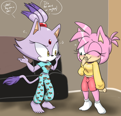 Size: 2364x2259 | Tagged: safe, artist:ozzybae, amy rose, blaze the cat, cat, hedgehog, 2019, amy x blaze, cute, english text, female, females only, lesbian, one eye closed, pyjama, shipping