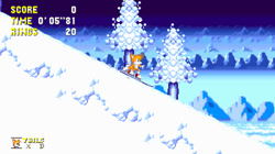 Size: 1200x672 | Tagged: safe, miles "tails" prower, classic tails, ice cap zone, mod, screenshot, snowboard, solo, sonic the hedgehog 3, sonic the hedgehog 3 a.i.r