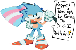 Size: 1280x842 | Tagged: safe, artist:r0b0t1m3, sonic the hedgehog, classic sonic, dialogue, english text, flag, holding something, pointing, pointing at viewer, pride, pride flag, simple background, solo, standing, talking to viewer, trans pride, white background