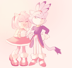 Size: 800x755 | Tagged: safe, artist:ggdgart, amy rose, blaze the cat, cat, hedgehog, 2017, amy x blaze, amy's halterneck dress, blaze's tailcoat, cute, eyes closed, female, females only, holding hands, lesbian, looking at them, mouth open, shipping