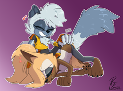 Size: 2038x1509 | Tagged: safe, artist:murrrawr, artist:ridleynemrick, tangle the lemur, whisper the wolf, all fours, blushing, duo, gradient background, lesbian, outline, scratching, sfx, shipping, signature, smile, tangle x whisper, tongue out