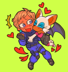 Size: 2048x2173 | Tagged: safe, artist:maxkonbo, agent topaz, rouge the bat, human, blushing, cute, duo, eyes closed, heart, holding them, kiss on cheek, lesbian, looking at them, mouth open, rougabetes, rouge x topaz, shipping, smile, topazbetes