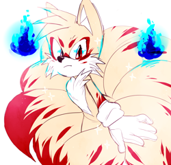 Size: 1280x1231 | Tagged: safe, artist:starrfruit, miles "tails" prower, flame, frown, kitsune, looking at viewer, simple background, solo, white background