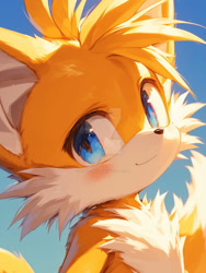 Size: 900x1195 | Tagged: safe, ai art, artist:dreamup.ai, miles "tails" prower, 2024, blushing, cute, deviantart watermark, gradient background, looking at viewer, obtrusive watermark, prompter:leork-dream, smile, solo, watermark