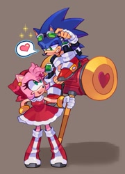 Size: 901x1254 | Tagged: safe, artist:martar martar, amy rose, sonic the hedgehog, piko piko hammer