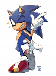 Size: 1512x2048 | Tagged: safe, artist:thatbirdguy_, sonic the hedgehog, pointing, sparkles, wink