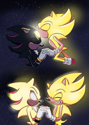 Size: 1128x1586 | Tagged: safe, artist:fettiowi, shadow the hedgehog, sonic the hedgehog, super shadow, super sonic, :<, duo, eyes closed, frown, gay, holding hands, kiss on head, looking at them, shadow x sonic, shipping, star (sky), super form