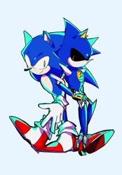 Size: 1423x2048 | Tagged: safe, artist:hi_sui01, metal sonic, sonic the hedgehog, 2024, black sclera, blue background, gay, linking arms, metonic, robot, shipping, simple background, smile, solo, standing, v sign