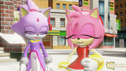 Size: 1280x720 | Tagged: safe, artist:somco, amy rose, blaze the cat, cat, hedgehog, 2023, 3d, amy x blaze, amy's halterneck dress, blaze's tailcoat, cute, eyes closed, female, females only, lesbian, shipping, smile