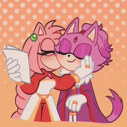 Size: 768x766 | Tagged: safe, artist:0jay___jay0, amy rose, blaze the cat, cat, hedgehog, 2024, amy x blaze, cute, eyes closed, female, females only, hand on cheek, kiss on cheek, lesbian, shipping