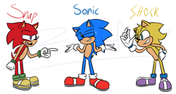 Size: 1280x682 | Tagged: safe, artist:zaffre7, sonic the hedgehog, oc, oc:shock the hedgehog (segasonic bro), oc:snap the hedgehog (segasonic bro), brothers, character name, segasonic bros, siblings, simple background, standing, trio, white background