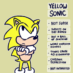 Size: 500x500 | Tagged: safe, artist:faulerro, sonic the hedgehog, arms folded, english text, frown, outline, reference sheet, rolling eyes, segasonic bros, simple background, solo, yellow background