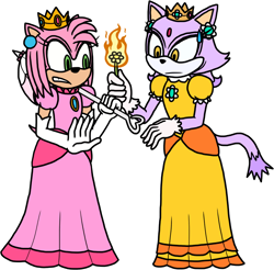 Size: 958x942 | Tagged: safe, artist:kyurem2424, amy rose, blaze the cat, alternate outfit, cosplay, fire, flower, mayrio month, parasol, princess daisy, princess peach