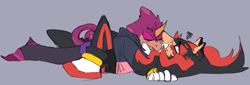 Size: 1117x381 | Tagged: safe, artist:edwardnebula, espio the chameleon, shadow the hedgehog, clothes, duo, eyes closed, gay, grey background, lidded eyes, lying down, shadpio, shipping, simple background