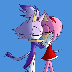 Size: 1600x1600 | Tagged: safe, artist:tanakasavi, amy rose, blaze the cat, cat, hedgehog, 2024, amy x blaze, amy's halterneck dress, blaze's tailcoat, cute, eyes closed, female, females only, hand on cheek, kiss, lesbian, shipping