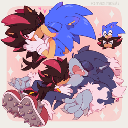 Size: 2048x2048 | Tagged: safe, artist:mazimoshi, shadow the hedgehog, sonic the hedgehog, blushing, border, cute, duo, fangs, gay, heart, kiss on cheek, shadow x sonic, shadowbetes, shipping, snuggling, sonabetes, sonic the werehog, sparkles, wagging tail, were form, werehog