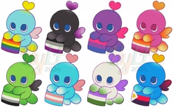 Size: 2048x1280 | Tagged: safe, artist:honeylief, chao, 2024, aromantic pride, asexual pride, bisexual pride, gay pride, genderqueer pride, group, lesbian pride, neutral chao, obtrusive watermark, polyamorous pride, pride, simple background, trans pride, watermark, white background