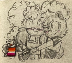 Size: 1882x1656 | Tagged: safe, artist:maberbie03, lanolin the sheep, tangle the lemur, 2024, blushing, duo, hugging, hugging from behind, lanolin x tangle, lesbian, lesbian pride, looking at them, mug, one eye closed, pencilwork, pride, shipping, shrunken pupils, sketch, smile, surprised, traditional media