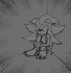 Size: 1464x1512 | Tagged: safe, artist:hernandez_arwen, shadow the hedgehog, 2024, floppy ears, frown, lidded eyes, monochrome, sitting, solo