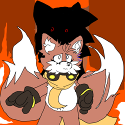 Size: 389x389 | Tagged: safe, artist:sonic-enterprise, miles "tails" prower, sonic the hedgehog, oc, oc:sonic.exe, comic:bravery (sonic enterprise), 2024, abstract background, alternate universe, brown gloves, duo, fire, flat colors, frown, goggles, goggles around neck, scarf, shrunken pupils, silhouette, standing, trans female, transgender