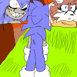 Size: 389x389 | Tagged: safe, artist:sonic-enterprise, miles "tails" prower, sonic the hedgehog, oc, oc:sonic.exe, comic:bravery (sonic enterprise), 2024, abstract background, alternate universe, duo, fire, flat colors, frown, scarf, smile, standing, trans female, transgender