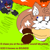 Size: 389x389 | Tagged: safe, artist:sonic-enterprise, miles "tails" prower, sonic the hedgehog, oc, oc:sonic.exe, comic:bravery (sonic enterprise), 2024, abstract background, alternate universe, black gloves, black sclera, brown gloves, chasing, dialogue, duo, english text, fire, flat colors, frown, grass, looking at each other, scarf, sharp teeth, shrunken pupils, smile, spinning tails, standing, torn gloves, trans female, transgender