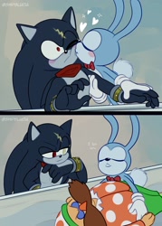 Size: 1463x2048 | Tagged: safe, artist:shipslucia, feels the rabbit, 2023, blushing, comic, dialogue, english text, feels x terios, gay, heart, kiss on cheek, prototype robotnik, shipping, terios the hedgehog, trio