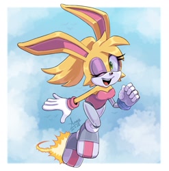 Size: 1931x1958 | Tagged: safe, artist:angiethecat, bunnie rabbot, clouds, flying, solo, wink