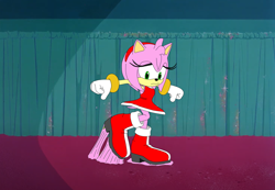 Size: 800x552 | Tagged: safe, artist:lucas53002, artist:tailsshoes2020, amy rose, hedgehog, background, boots, bottomwear, box office bunny, bubblegum, cinema, clothes, curtain, edit, feet fetish, female, fetish, floor, footwear, gum, looney tunes, parody, scene, scene interpretation, screencap, shoes, skirt, stepping, stuck