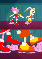 Size: 435x600 | Tagged: safe, artist:lucas53002, artist:tailsshoes2020, amy rose, cream the rabbit, hedgehog, rabbit, background, boots, bottomwear, box office bunny, bubblegum, cinema, close-up, clothes, curtain, duo, duo female, edit, feet fetish, female, fetish, floor, footwear, gum, looney tunes, parody, scene, scene interpretation, screencap, shoes, skirt, stepping, stuck