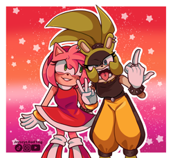 Size: 1200x1100 | Tagged: safe, artist:jerseyl0ad1ng, amy rose, surge the tenrec, 2024, blushing, border, devil horns (gesture), duo, lesbian, lesbian pride, looking at them, looking at viewer, outline, pride, shipping, signature, smile, standing, star (symbol), surgamy, tongue out, tongue piercing, v sign