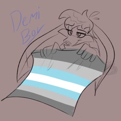 Size: 1024x1024 | Tagged: safe, artist:platypusenjoyer96, kit the fennec, brown background, demiboy, demiboy pride, flag, holding something, lidded eyes, line art, looking offscreen, pride, pride flag, simple background, smile, solo