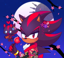 Size: 1200x1082 | Tagged: safe, artist:sophbun, shadow the hedgehog, chao, 2024, duo, food, kimono, moon, nighttime, shadow chao, space colony ark, tree