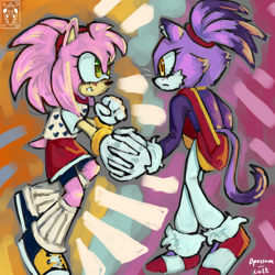 Size: 1000x1000 | Tagged: safe, artist:opossum-cult, amy rose, blaze the cat, 2024, abstract background, alternate outfit, amy x blaze, blushing, duo, frown, holding hands, lesbian, lesbian pride, looking at each other, pride, pride flag background, shipping, signature, smile