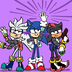 Size: 2048x2048 | Tagged: safe, artist:casuallycontemplating, shadow the hedgehog, silver the hedgehog, sonic the hedgehog, 2024, chaos emerald, clothes, gay, gun, holding something, jacket, lidded eyes, looking at viewer, polyamory, purple background, shadow x silver, shadow x sonic, shipping, signature, simple background, smile, sonadilver, sonilver, trio, wedding ring