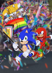 Size: 1447x2048 | Tagged: safe, artist:spookyfigures, knuckles the echidna, miles "tails" prower, sonic the hedgehog, abstract background, asexual pride, bisexual pride, confetti, flag, flying, gay pride, looking at viewer, nonbinary pride, outline, pride, pride flag, progress pride, running, smile, spinning tails, top surgery scars, trio