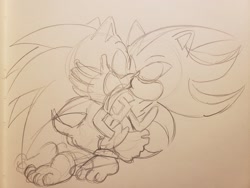 Size: 2048x1536 | Tagged: safe, artist:sunnysundaeart, shadow the hedgehog, sonic the hedgehog, 2024, duo, gay, holding something, kiss, line art, pencilwork, shadow x sonic, shipping, sketch