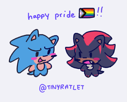 Size: 703x564 | Tagged: safe, artist:tinyratlet, shadow the hedgehog, sonic the hedgehog, 2024, blushing, cute, duo, english text, gay, grey background, pride, progress pride, shadow x sonic, shadowbetes, shipping, signature, simple background, sonabetes