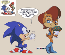 Size: 1680x1441 | Tagged: safe, artist:artsriszi, sally acorn, sonic the hedgehog, flowers, scene interpretation