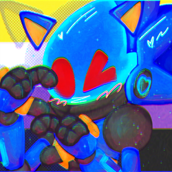 Size: 1000x1000 | Tagged: safe, artist:shadows-coffeebeans, chaos sonic, blushing, glitch, icon, looking at viewer, nonbinary, nonbinary pride, pride flag background, robot, solo, wink