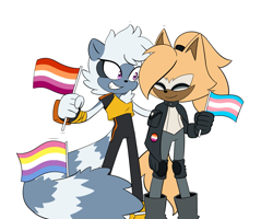 Size: 1691x1356 | Tagged: safe, artist:itz-pandora, tangle the lemur, whisper the wolf, bigender, bigender pride, duo, edit, flag, holding something, lesbian, lesbian pride, outline, pride, pride flag, shipping, smile, standing, tangle x whisper, trans female, trans pride, transgender