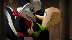 Size: 1056x594 | Tagged: safe, artist:joeadok, geoffrey st. john, snively robotnik, grabbing shirt, looking at each other