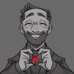 Size: 2000x2000 | Tagged: safe, artist:demetera-kaziaik, agent stone, human, 2024, blushing, cute, eyes closed, grey background, greyscale, heart, heart hands, monochrome, simple background, smile, solo, spot color, stonebetes