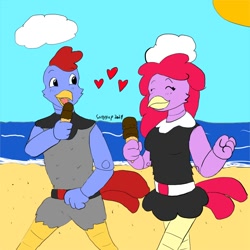 Size: 1000x1000 | Tagged: safe, artist:sergepup1, scratch, adventures of sonic the hedgehog, beach, canon x oc, chicken, hearts, ice cream, robot