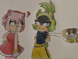 Size: 2000x1500 | Tagged: safe, artist:brocoliconpalta, amy rose, surge the tenrec, 2023, alternate view, blushing, duo, hands behind back, lesbian, looking at them, looking away, question mark, shipping, standing, surgamy, traditional media