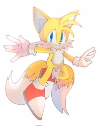 Size: 1648x2048 | Tagged: safe, artist:mary7ka55778, miles "tails" prower, 2024, cute, looking at viewer, mid-air, signature, simple background, smile, solo, tailabetes, white background