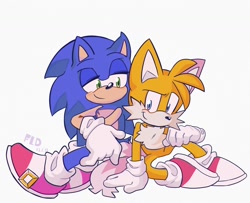 Size: 1600x1300 | Tagged: safe, artist:fulaidi999, miles "tails" prower, sonic the hedgehog, 2023, duo, gay, looking at viewer, shipping, signature, simple background, sitting, smile, sonic x tails, white background